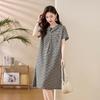Women's Short Sleeve Midi Dress Peter Pan Collar Loose Waist Casual Plaid A-Line Dress