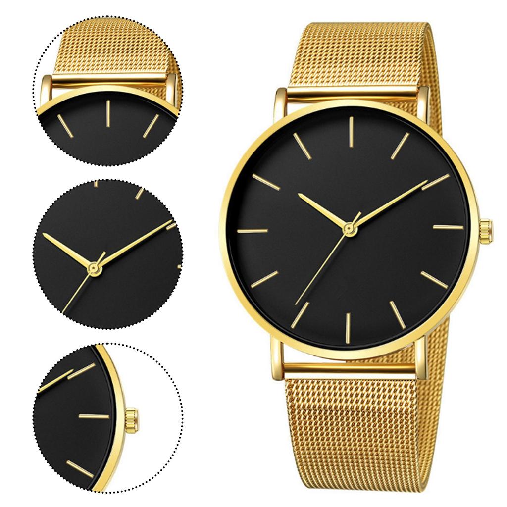Trendy Minimalist Men’s Watch Modern Black Mesh Band Quartz Watch Chic Gold Accent Matte Black Face Slim Round Case Wristwatch