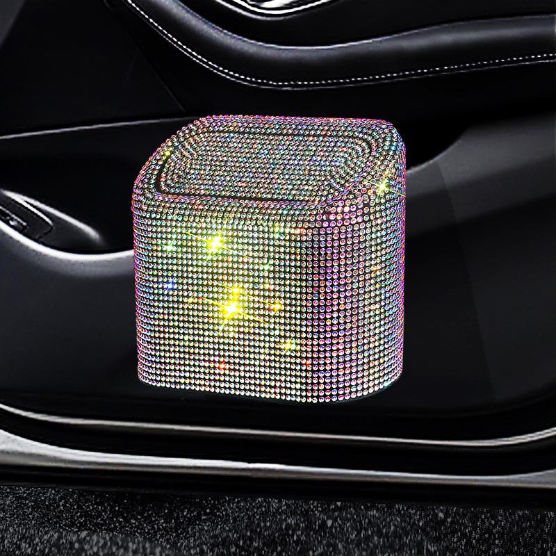 Rhinestone Car Trash Can - Flip-Top Hanging Interior Storage Bin