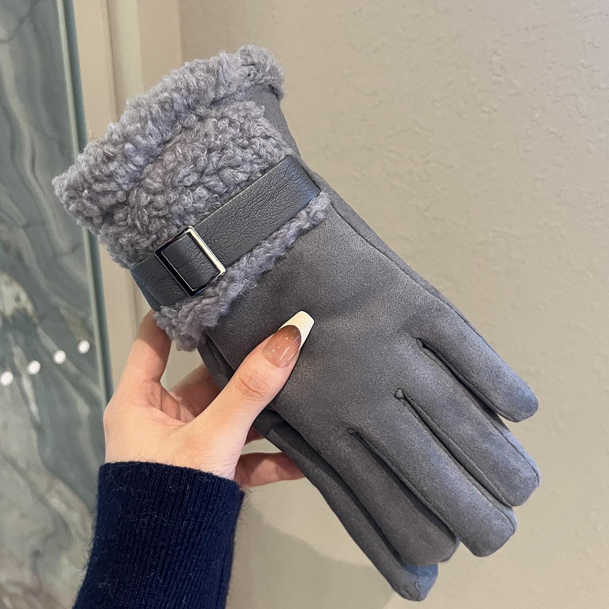 

Plush Thickened Warm Gloves for Women In Winter Outdoor Cycling Windproof and Cold Proof Touch Screen Lamb Plush Five Finger One Size