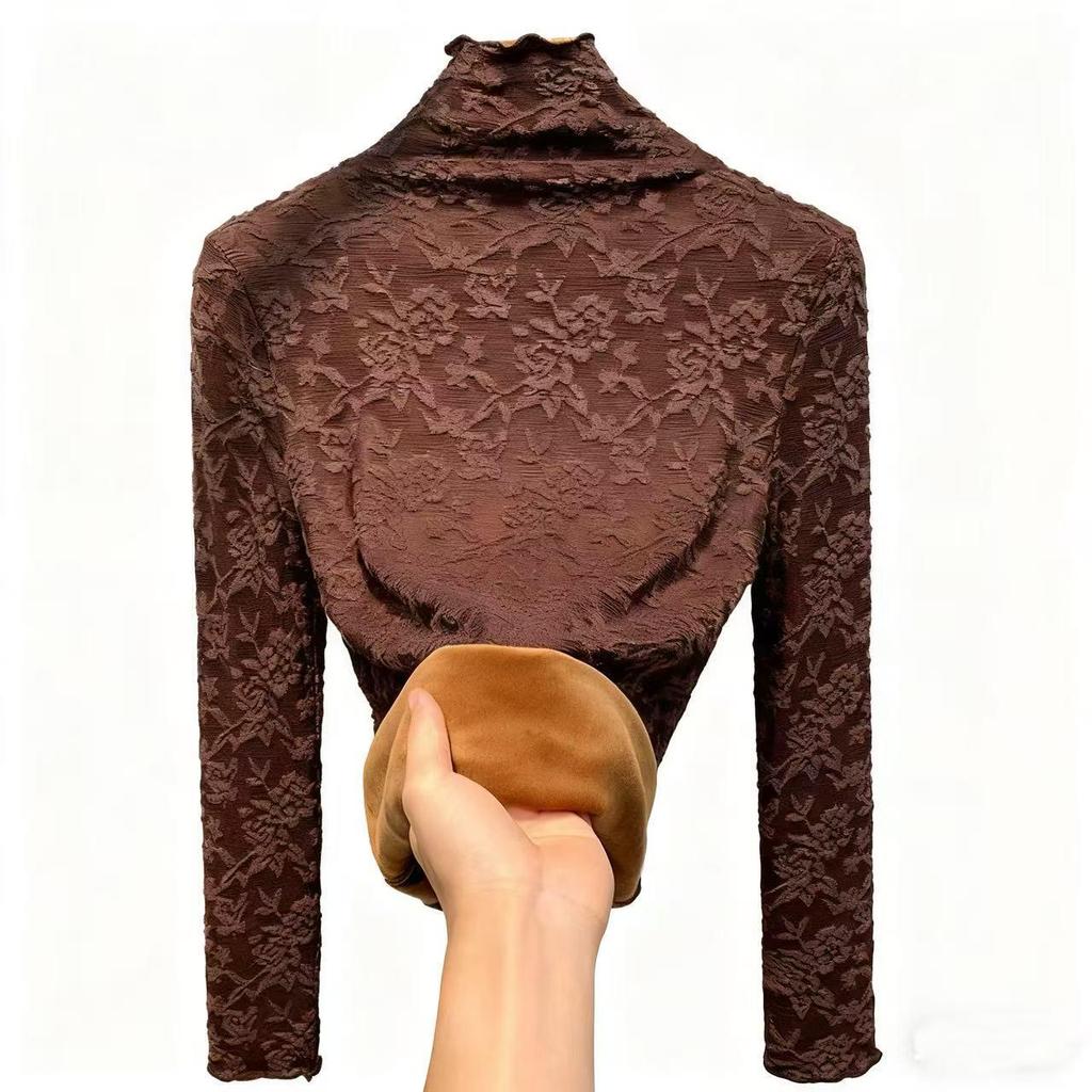 Women's High-Neck Lace Jacquard Base Layer Top - Fleece or Thin-Lined for Autumn & Winter Warmth.