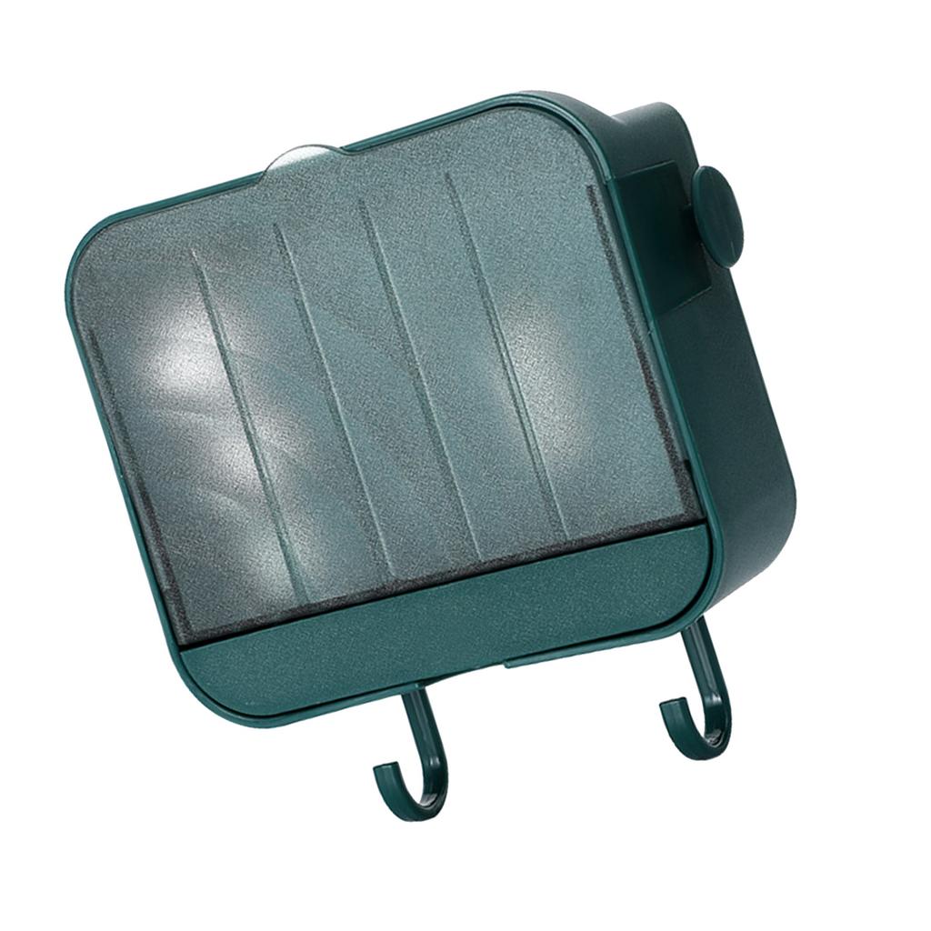 Wall Mounted Soap Box Self Draining Dustproof Wall Soap Holder Tray with Lid Hooks for Bathroom Laundry Room