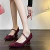 Studded One Strap Shaped Heel Single Shoes Women's Fashion Pointed Toe Shallow Suede Bow Non-Slip Mid-heel Shoes