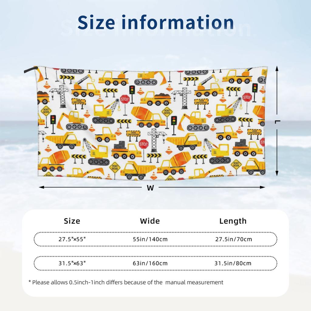 Road Work Watercolor Construction Vehicles Beach Towel Soft Microfiber Quick Dry Absorbent Quick Towels For Bath