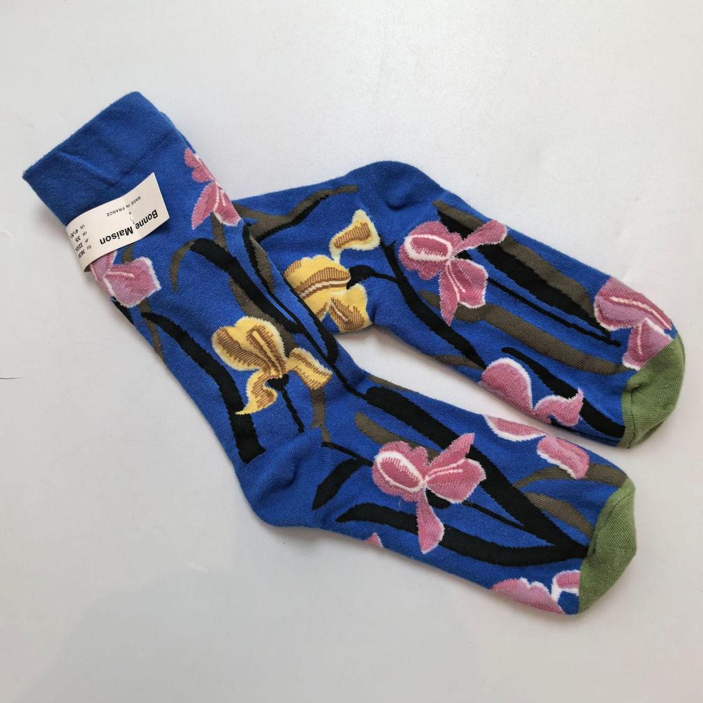 French Artistic Oil Painting Series: Colorful Trendy Mid-Calf Cotton Socks for Women