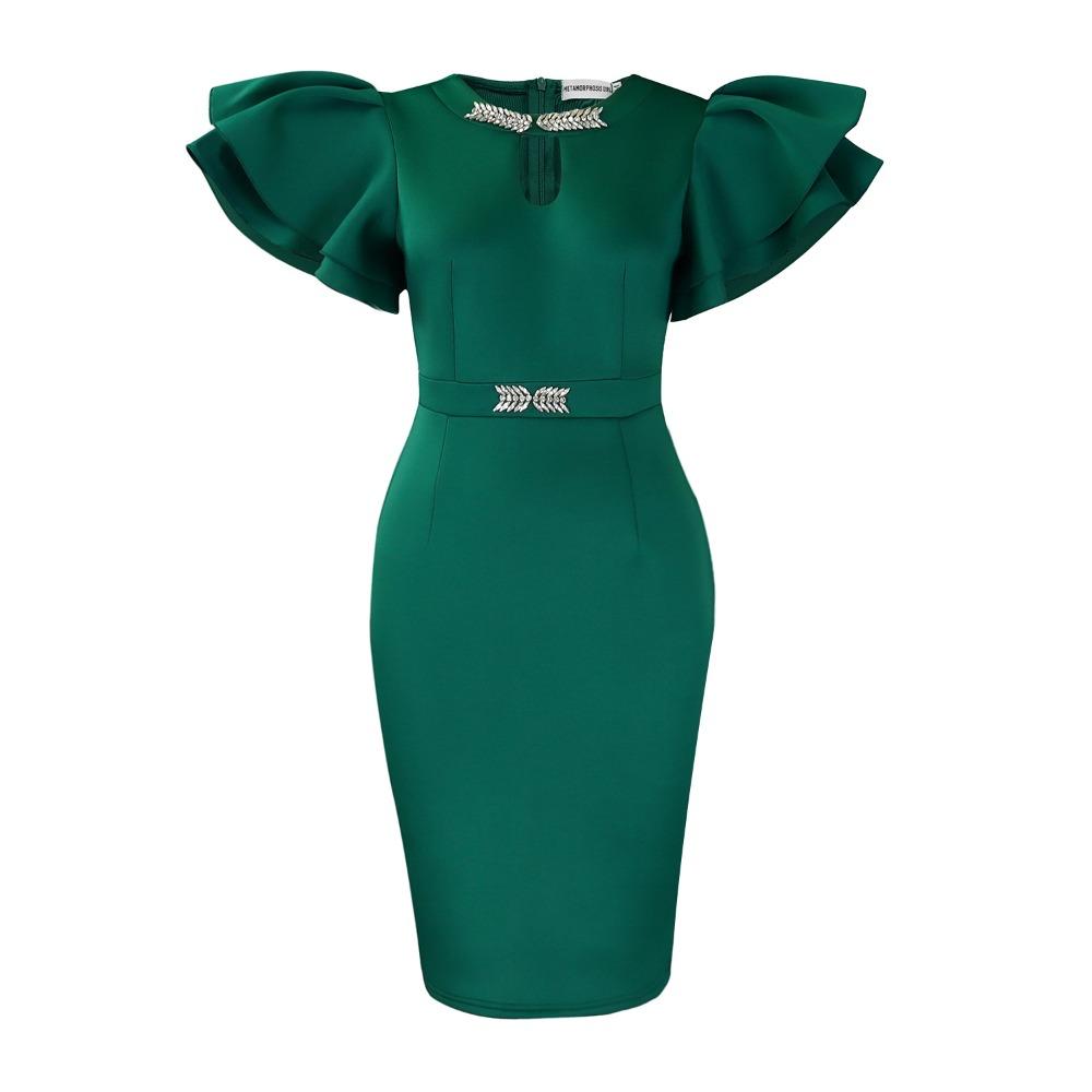 Women s Round Neck Ruffle Short Sleeve Midi Dress Slim Fit High Waist Elegant Pencil Dress S
