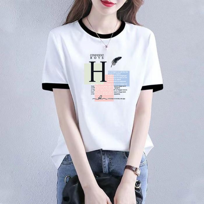 

Женская летняя хлопковая футболка с коротким рукавом, модная футболка европейского стиля с контрастными цветами, свободный и универсальный топ в стиле инс M белый