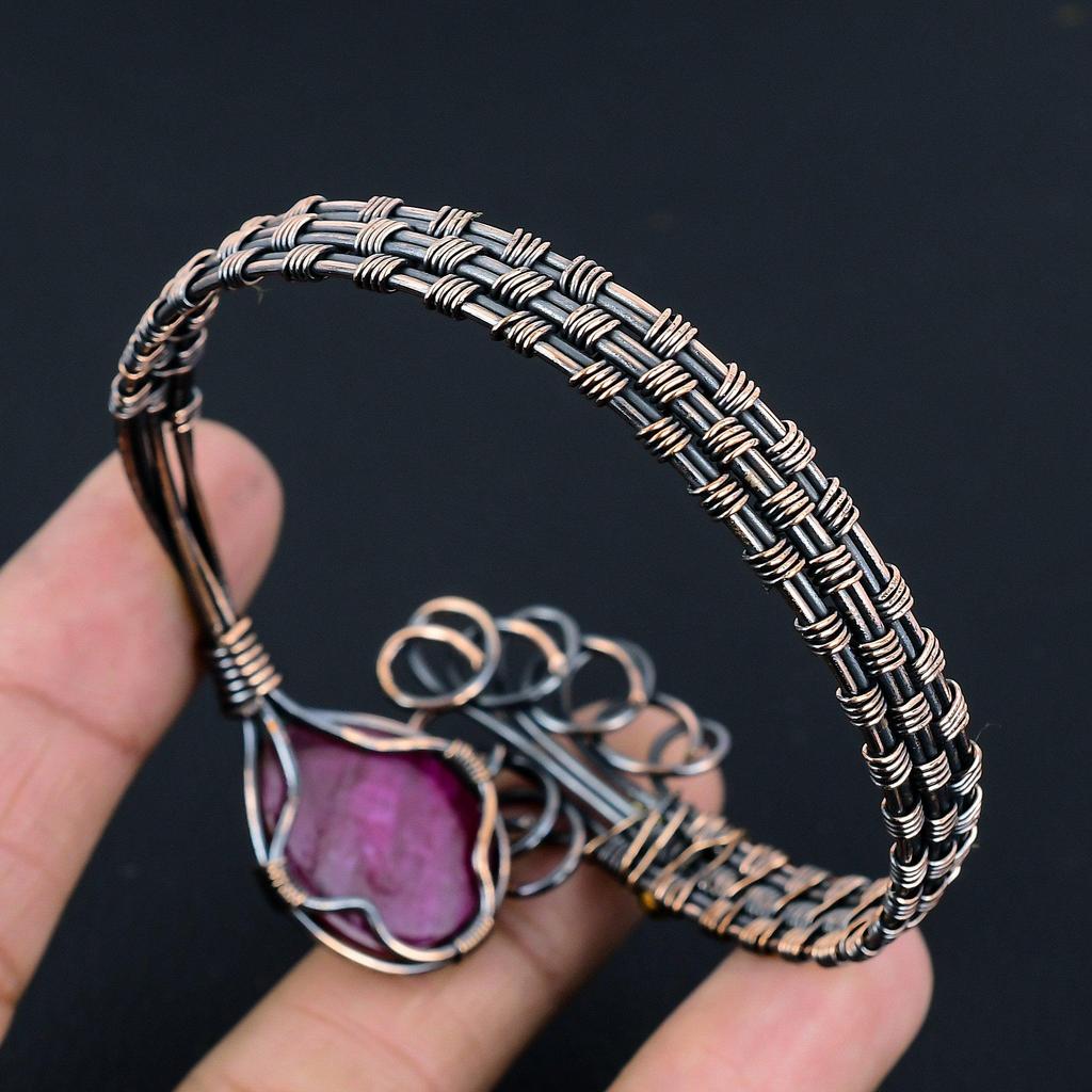 Ruby Bangle 999 Copper Wire Wrapped Cuff Bracelet, Adjustable Bangle Gemstone Jewelry, Gift For Mom Handmade Brand, New Jewelry