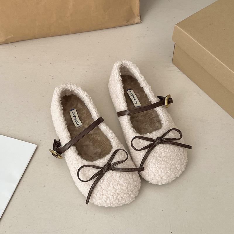 

2024 осень и зима новые универсальные хлопковые туфли с бантом, с круглым носком, с одной пряжкой, повседневные пушистые женские туфли осень и зима повседневные 35