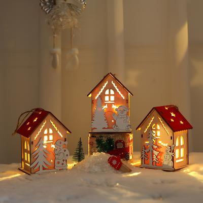 Weihnachts-Holzhaus-Anhänger Schneemann Rentier Weihnachtsmann Bär Haus Beleuchtung Schneeflocke Holzhaus Weihnachtsbaum-Anhänger
