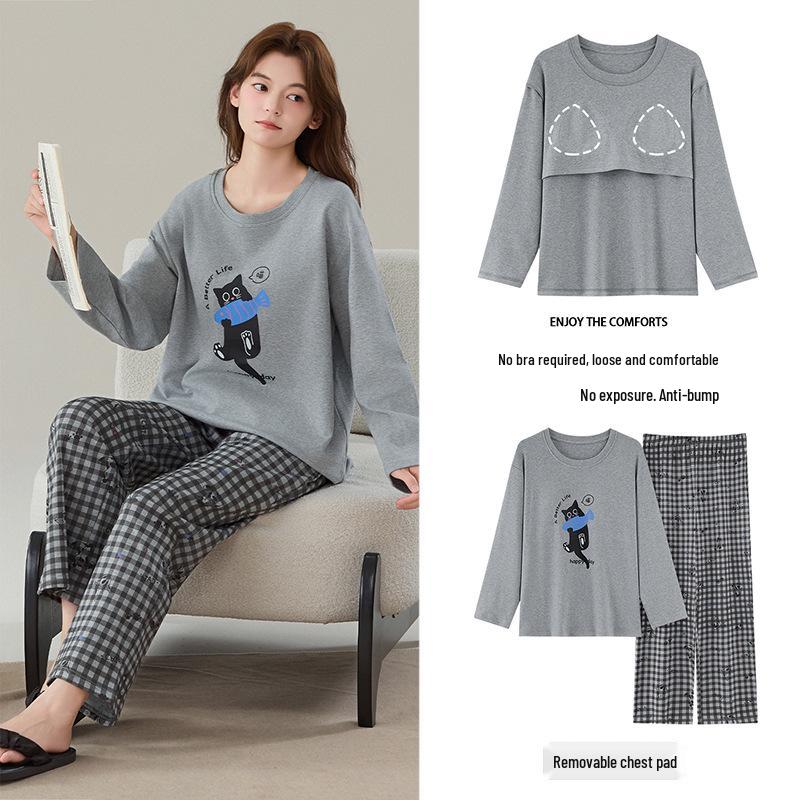 

Женский хлопковый пижамный комплект с длинными рукавами и вкладышами для бюстгальтера - Милый мультяшный, Большой размер, Антибактериальный, Свободный крой Women s 3XL