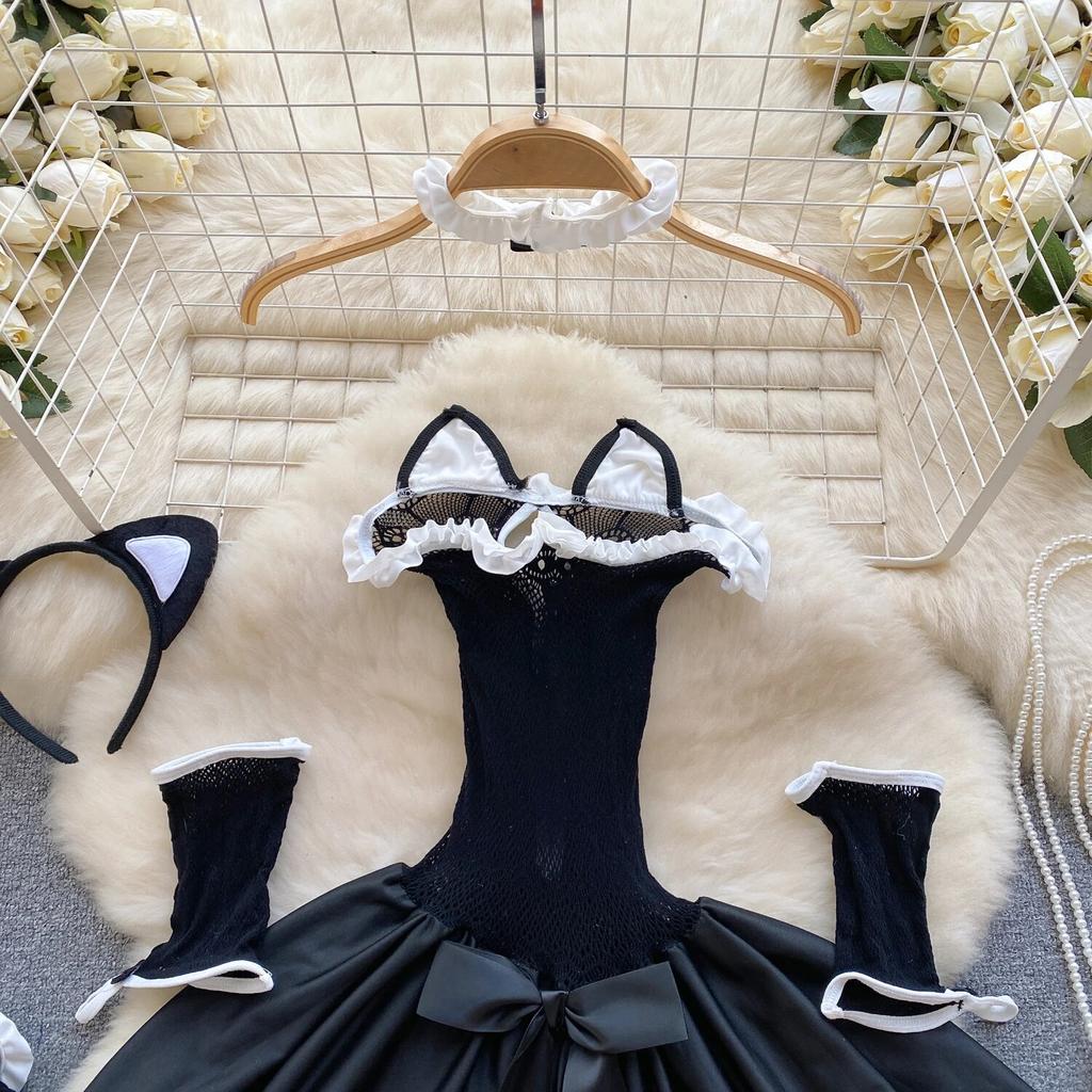 Japanese Cute Cat Erotic Night Dress Women Strapless Slim Bow Backless Nightwear Playsuits Female Hollow Out Sheer Uniform Sexy Pajamas 2024