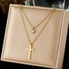 Gold Layered Cross Necklace with Crystal Pendant