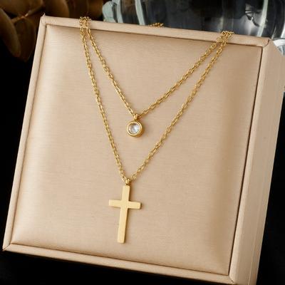 Gold Layered Cross Necklace with Crystal Pendant