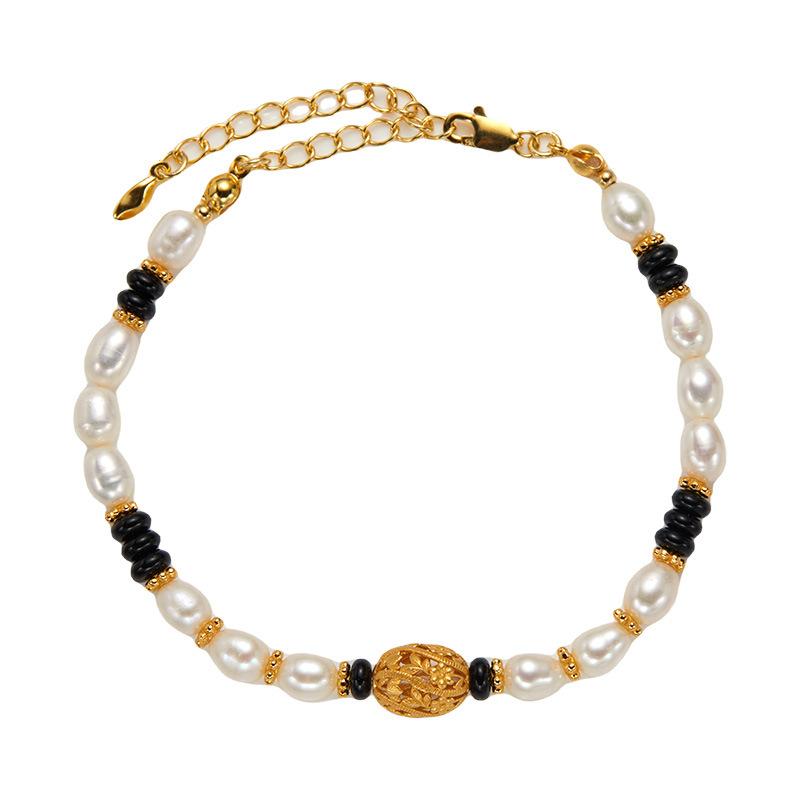 S925 Sterling Silver Natural Pearl And Black Agate Color Bracelet Women'S Fashion Premium Handmade Beaded Chain Earrings