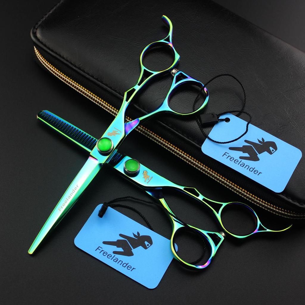 6.0" Green Hollow Handle Hairdressing Scissors: Straight & Thinning Shears Set
