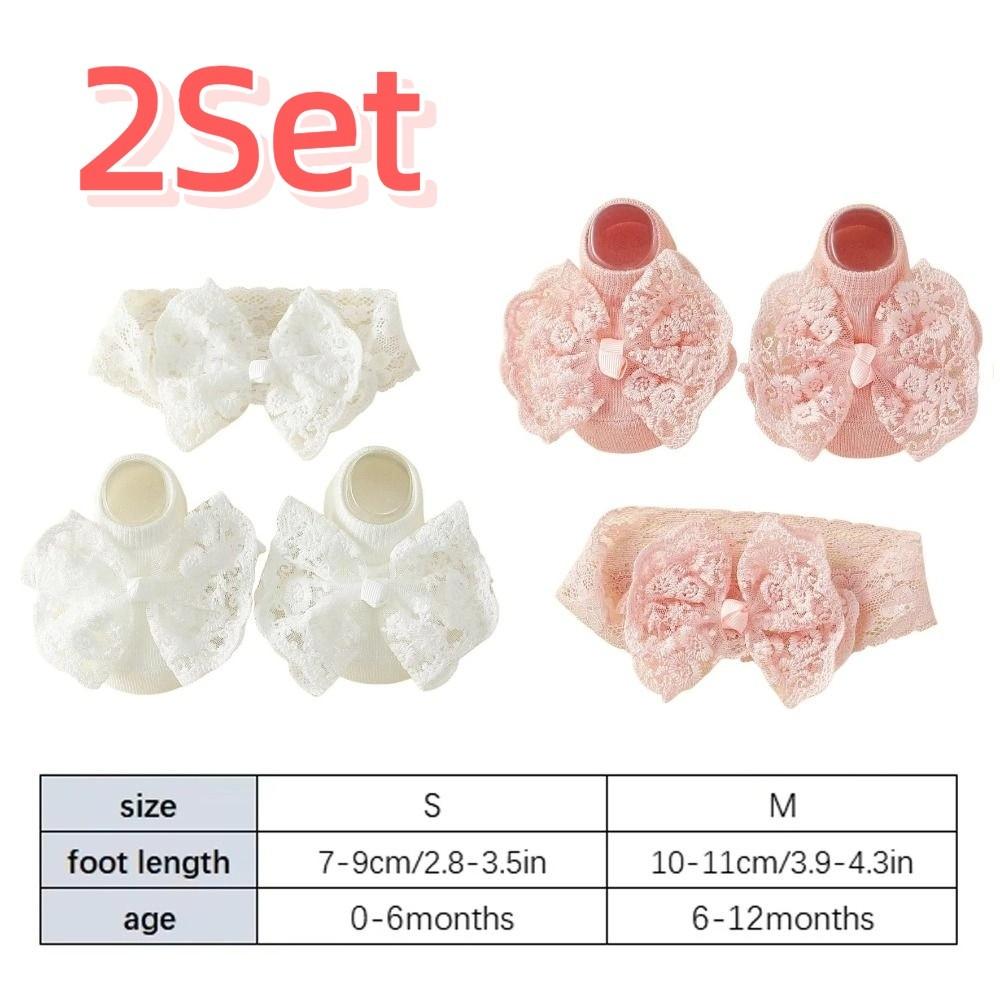2Set Lace Bow Baby Headband Socks Set Soft Cute Baby Floor Sock Breathable Korean Style Elastic Hair Band Newborn Baby