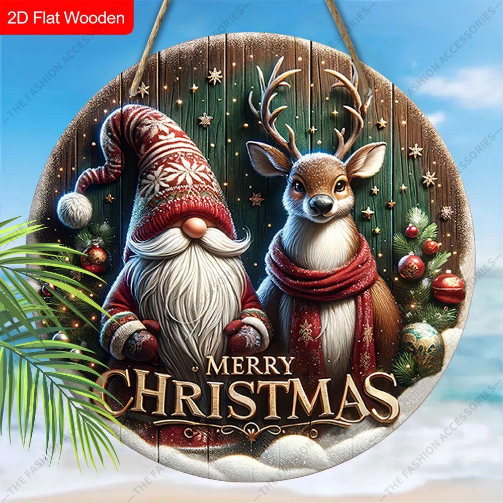 Christmas Gnome and Reindeer Merry Christmas Round Wooden Hanging Sign, 2D Flat Printed Embossed Christmas Door Wall Ornament, Xmas Home Decor Gift