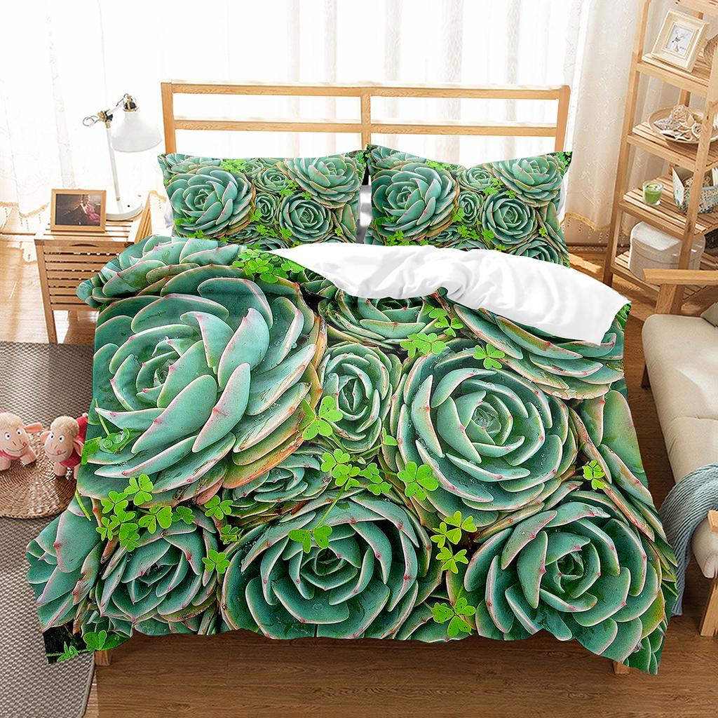 Succulent Plants Green Plant Duvet Cover Set Polyester Comforter Cover King Queen Full Size Bedding Set with Pillowcase for Teen