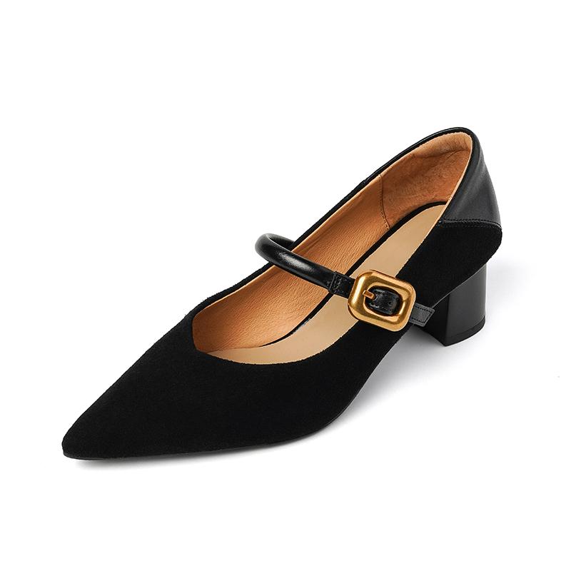Fashion 2025 New Spring Women Pumps Genuine Leather Women Shoes Pointed Toe Shallow Buckle Strap Mary Janes Ladies Shoes Kid Suede