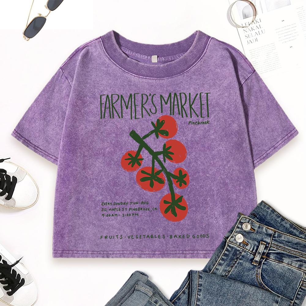 Farmer'S Market Tomatoes Print Crop Washed T Shirt Womens Summer Vintage Short Sleeve Cotton Slim Tops T-Shirts