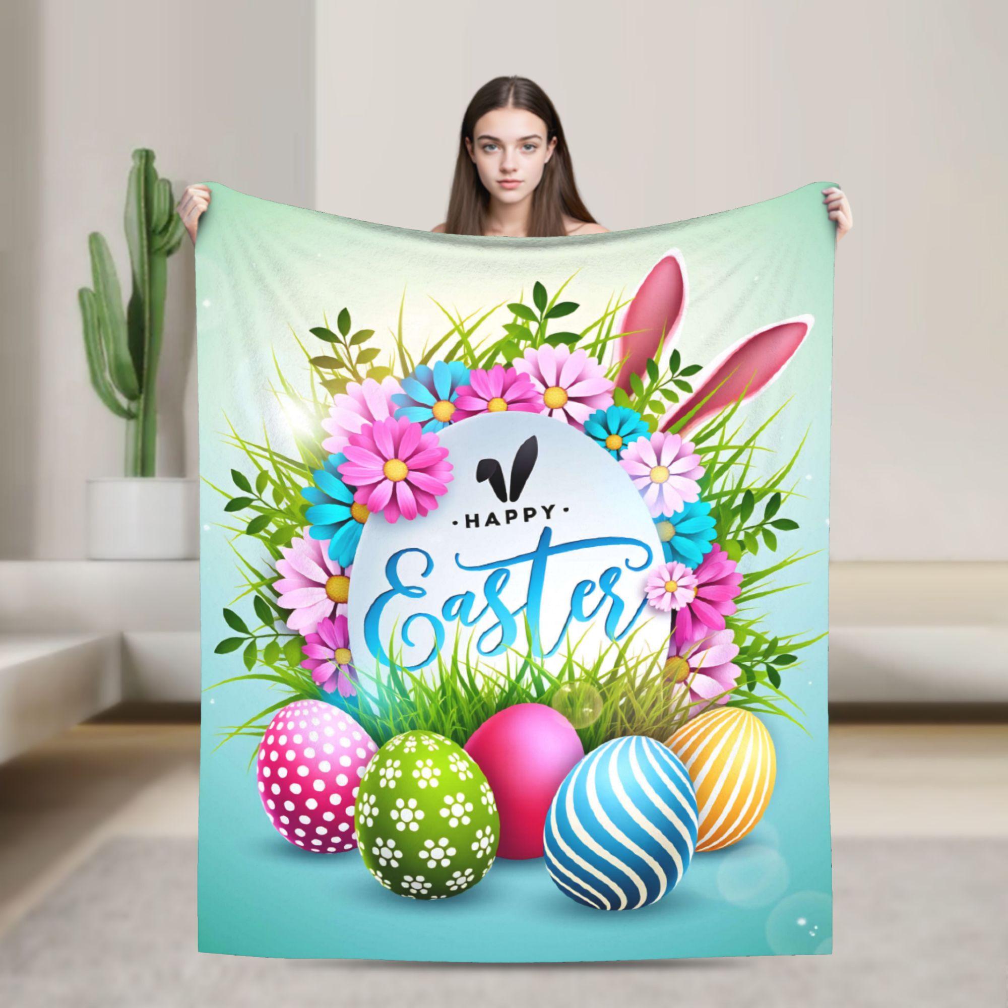 

Cozy Bedding Throws Picnic Colorful Easter Card with Bunny Blankets Flannel Bedspread For Couch Chair Fashion Sofa Bed Cover 75x100cm