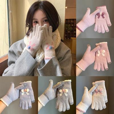 Touch Screen Women Knitted Gloves Bowknot Cycling Five Finger Gloves Elastic Winter Gloves