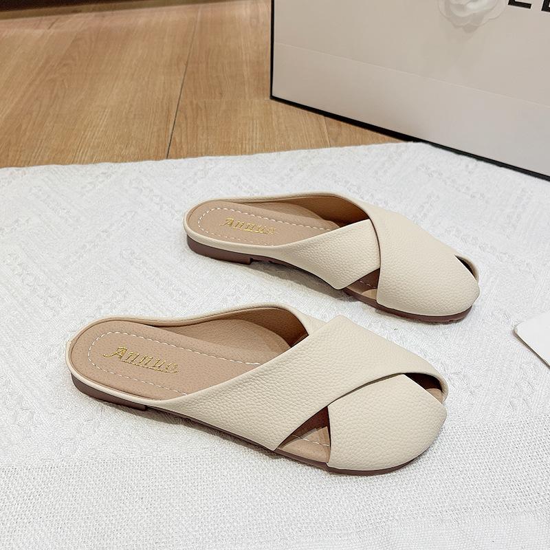 2025 Sommer neue Damen Koreanische Version lässig einfach einfarbig runde Zehen Kappe hinten niedrig Absatz Mode Pantoletten Damen