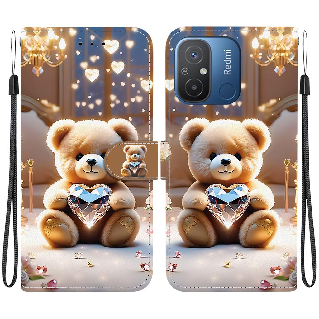 Handmade PU Leather Flip Case for Redmi 12C/Redmi 11A Anti-Slip Shockproof Cover with Wrist Strap & Heart/Rose Cat Designs