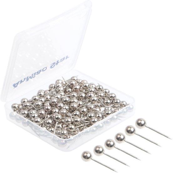 1/8 Inch Map Tacks, Push P, Plastic Round Head, Steel Point, 100-Count, Silver Colors