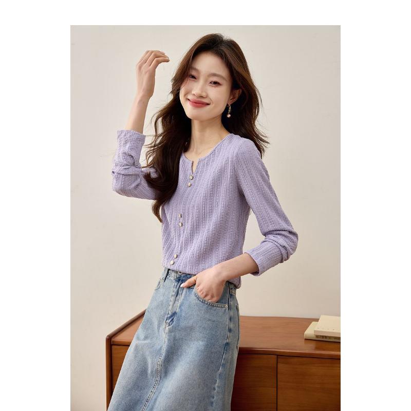 T-shirt Women's Slit Long Sleeve Right Shoulder Bottoming Shirt Top