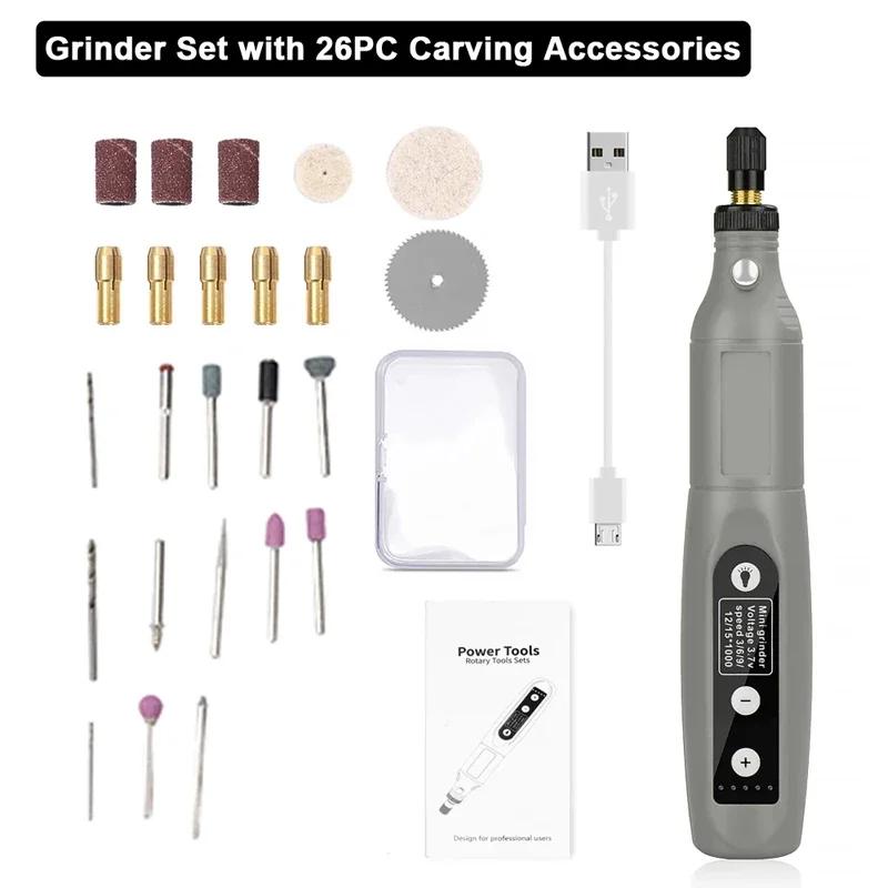 USB Rechargeable Electric Drill Mini Multifunction Electric Grinder 5 Gears with Light Polishing Machine Practical Abrasive Set