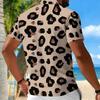 Women Short Sleeve Polo Shirt Light Khaki Dense Brown Leopard Spot Print Half Zip Lapel Top