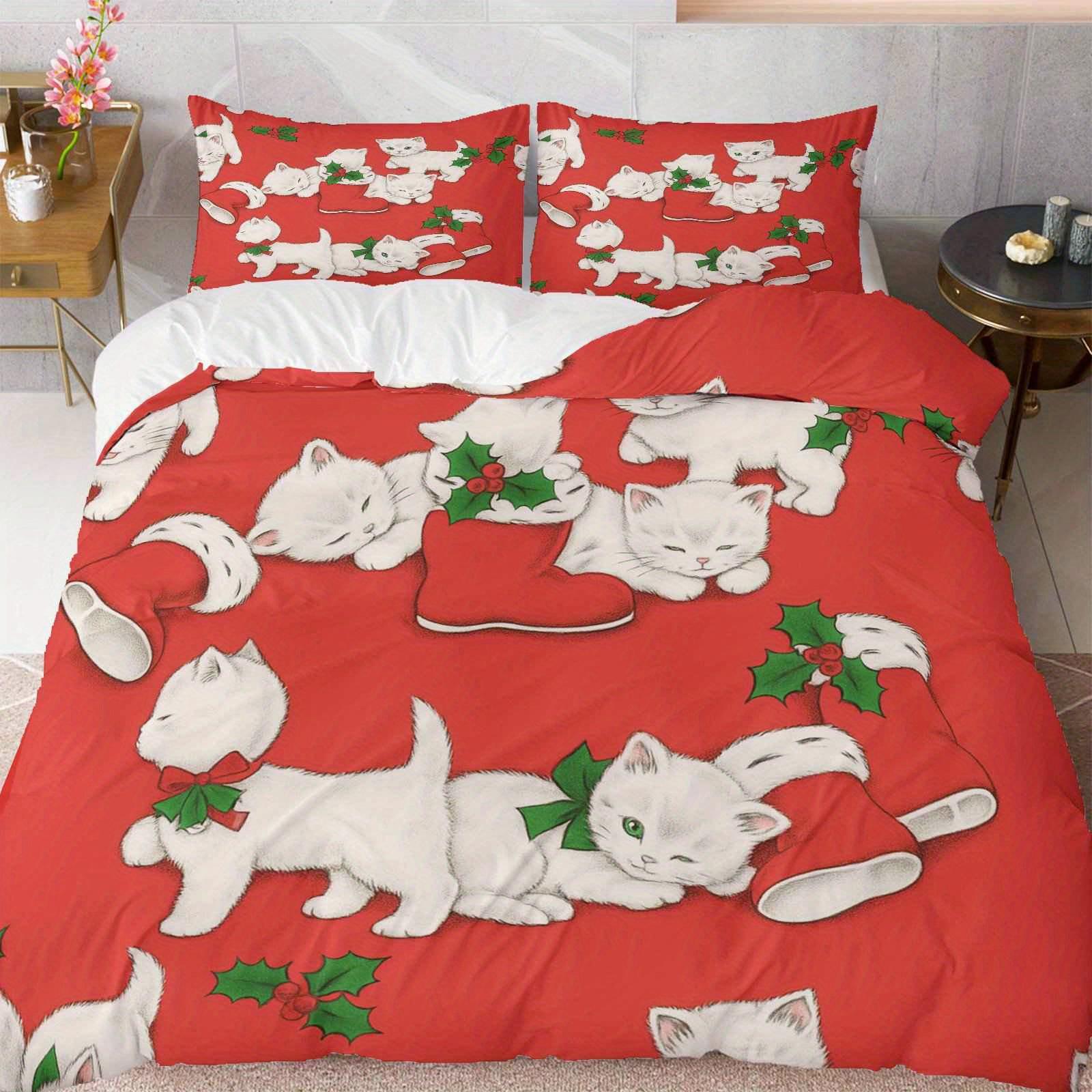 

3pcs Festive Cat Christmas Duvet Cover Set - Red with White Kittens & Holly Design, Polyester, Machine Washable, Zip Closure EU Twin(135x200cm)