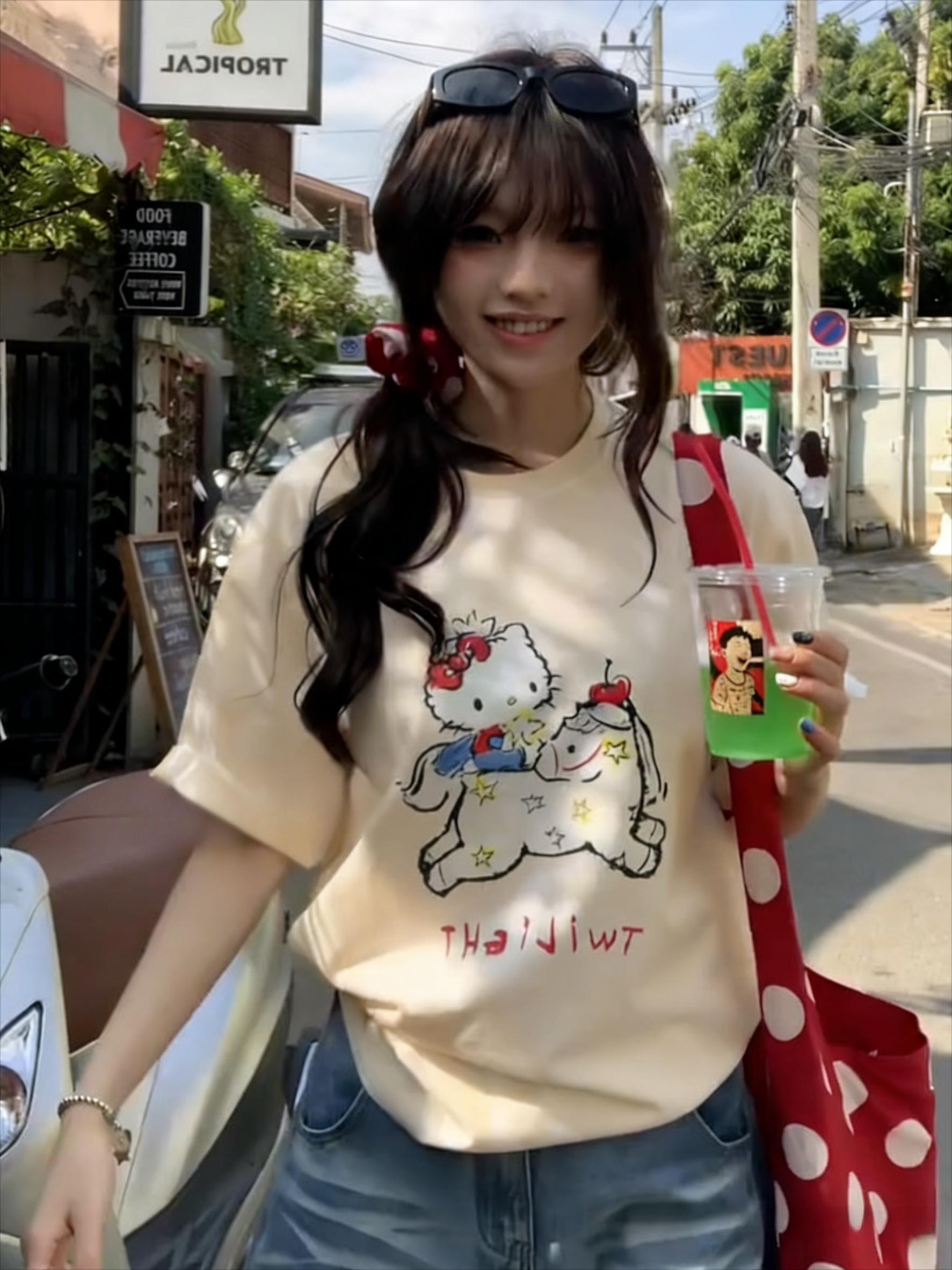 

2026 new Hello Kitty Tee soft cotton short sleeve crew neck cute print lightweight summer top for Women daily casual wear S