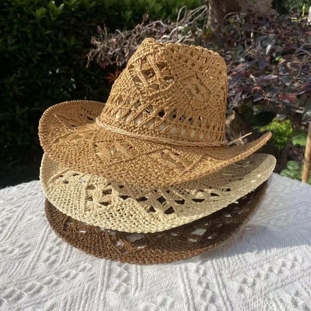 Straw Beach Sun Hat Hollow Out Roll Up Jazz Hat Casual Unisex Cowboy Hat