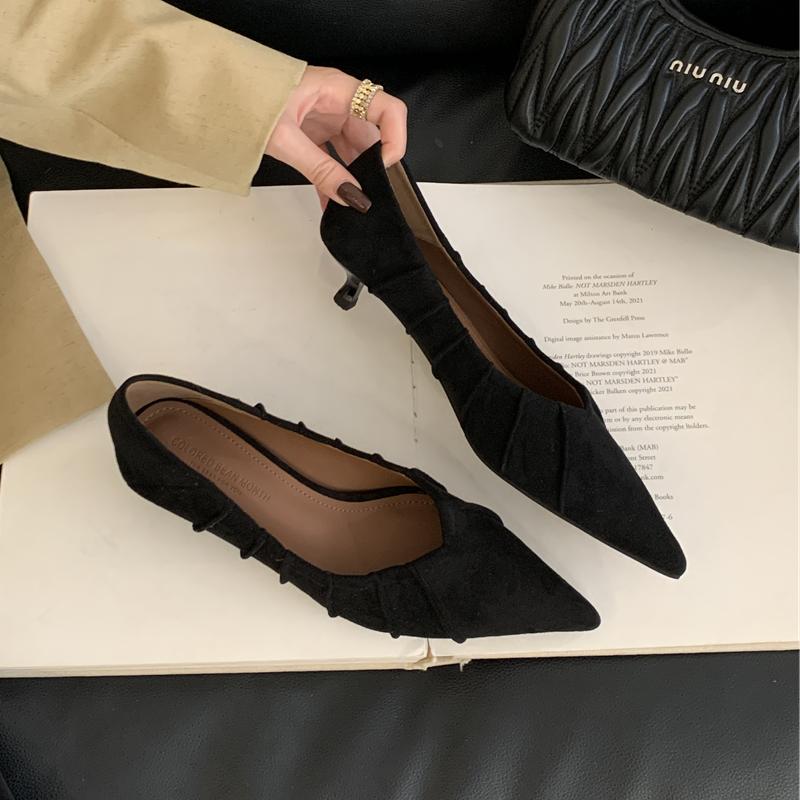 Fashion SUOJIALUN Autumn New Brand Women Pumps Shoes Fashion Pleated Pointed Toe Shallow Slip On Boat Shoes Thin Low Heel Single Shoes