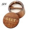 Decorative Wood Spice Keeper Salt Container with Swivel Magnetic Lid, Built-in Spoon Seasoning Lid Condiment Holder Jar, Moisture Proof for