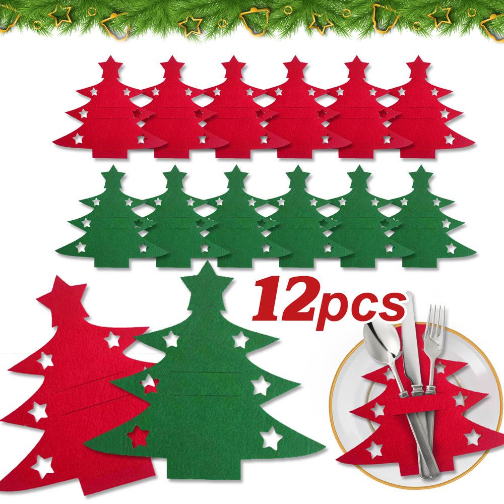 12pcs, Christmas Tree Placemats, Felt Fork and Spoon Bag Set, Suitable for Christmas and Other Holiday Party Table Decoration