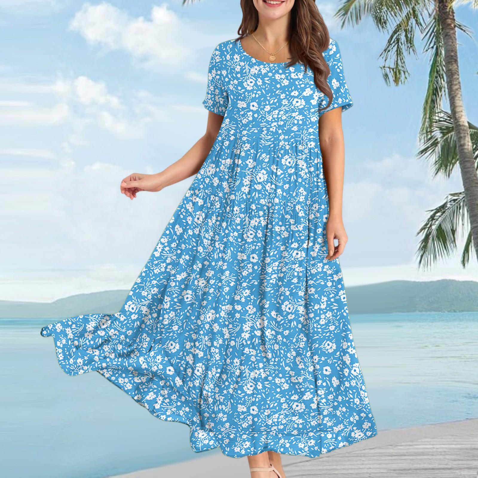 

Женское повседневное свободное богемное платье с цветочным принтом, длинное макси-платье с коротким рукавом, летнее пляжное платье-качели XL синий