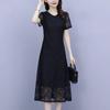 Women's Summer Short Sleeve Hollow Out Lace Dress Slim Round Neck A-Line Mid-calf Dresses