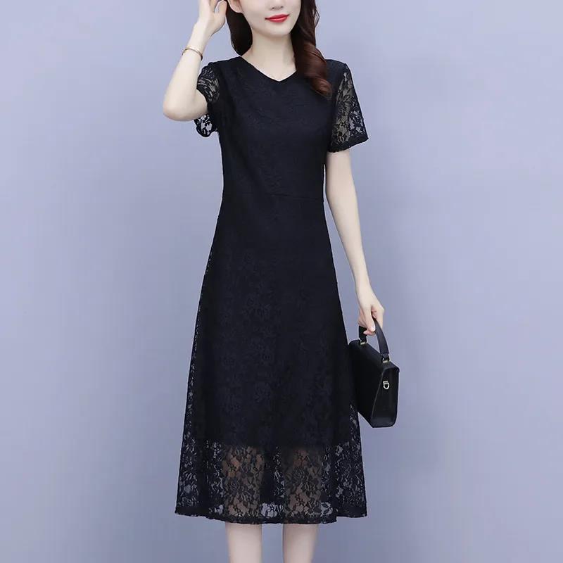 Women's Summer Short Sleeve Hollow Out Lace Dress Slim Round Neck A-Line Mid-calf Dresses