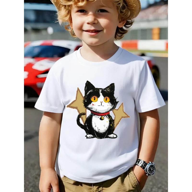European Sizes Boys' Short-Sleeve T-Shirt | Featuring 'Cat with Bell and Stars' Print, Trendy Design, Soft and Comfortable, Perfect for Outdoor