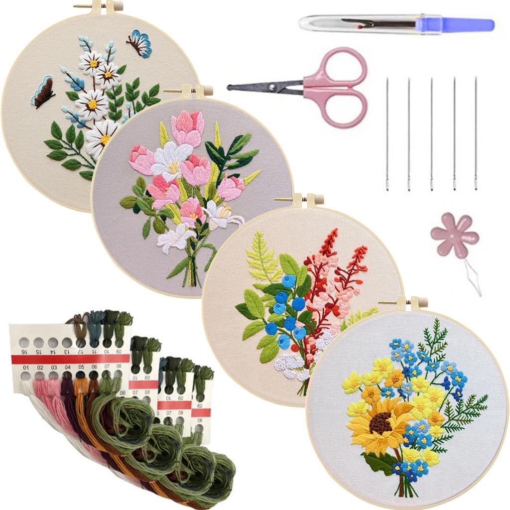 4 Pack Flowers DIY Embroidery Kit with Embroidery Hoop Embroidery Starter Kit 30x30cm for Adult Beginners Gift for Women