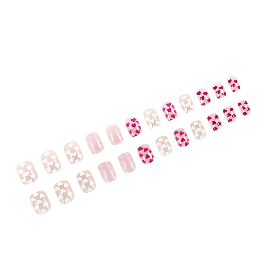 24 Pcs Heart Full Cover False Nail Valentines Day Press On Nail Short Square Stick On Nail Glossy Acrylic Nail