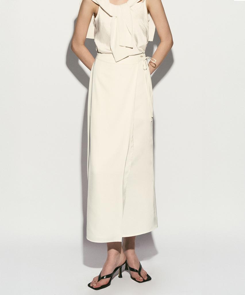 Rie Silky Wrap Midi Skirt Pearl