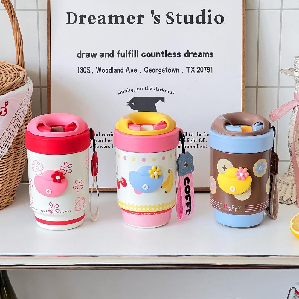 New Portable Double Drink Coffee Cup with Lifting Rope High Value Straw Cup Ceramic Inner Tank Gift Thermos Cup
