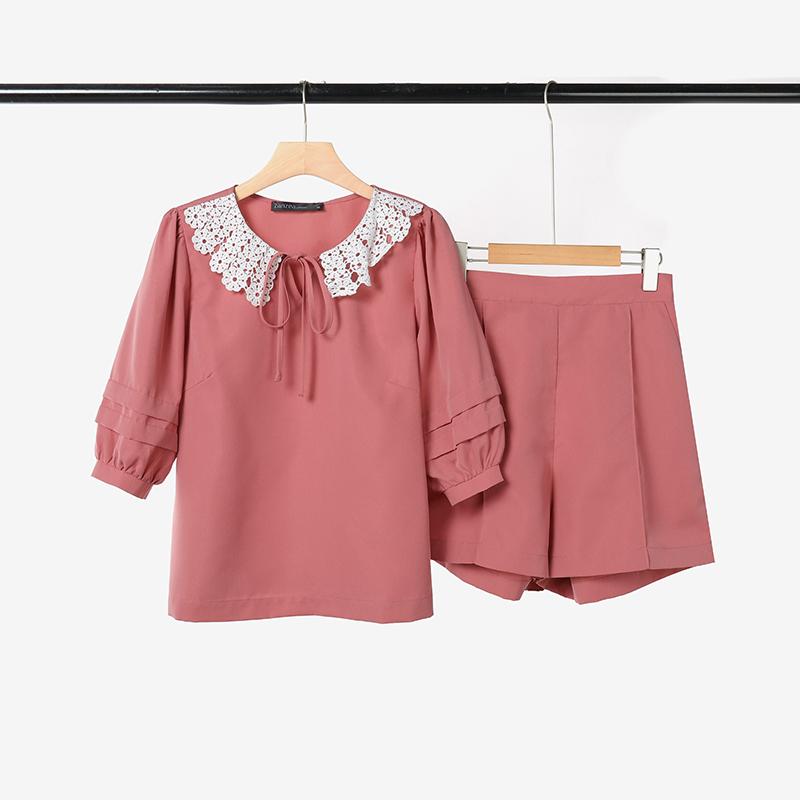 

ZANZEA Women Short Sleeve Blouse and Shorts Summer Two Piece Suit Sets S розовый