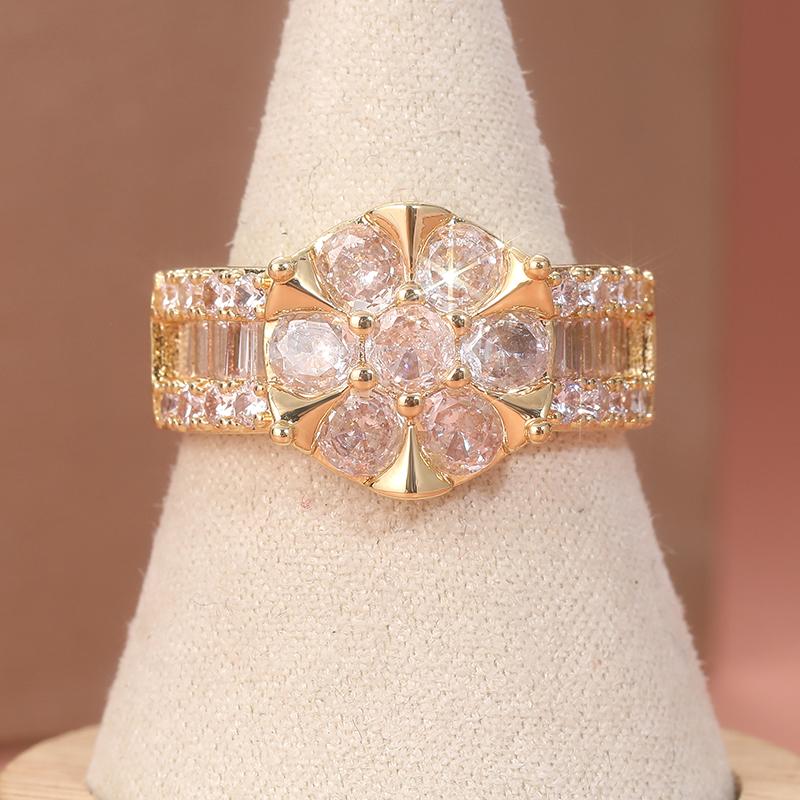 Elegant Exquisite Flower Shaped Inlaid Synthetic Zircon Golden Plated Ring Fro Women Fashion Banquet Wedding Jewelry Accessories