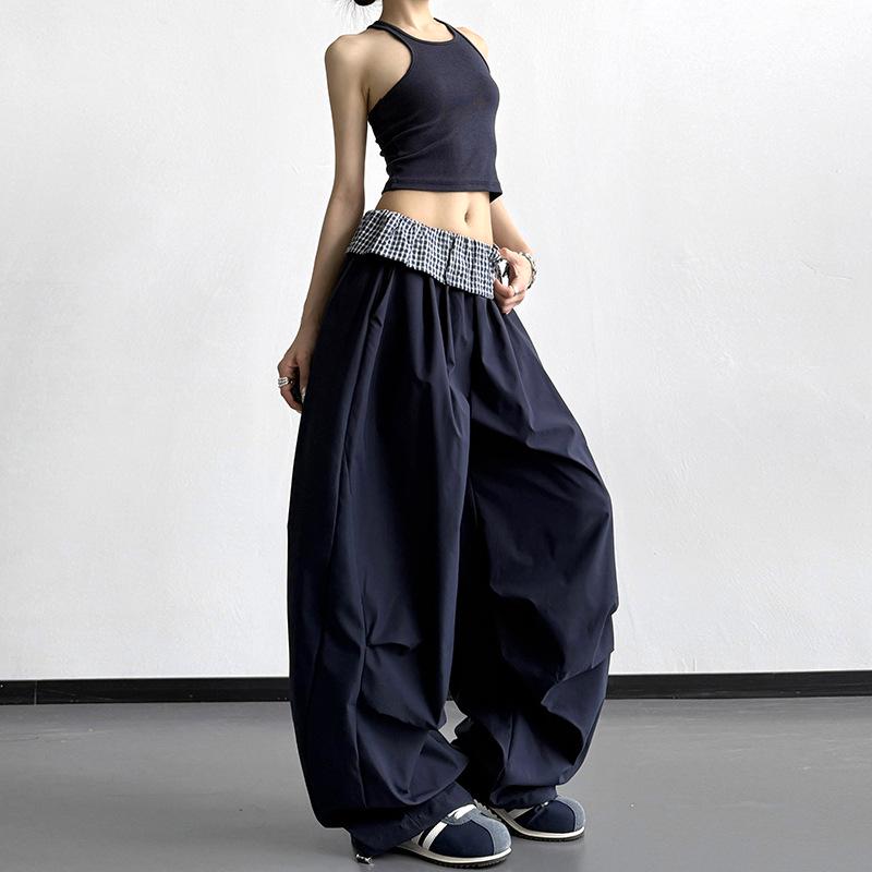 Spring 2026 American-Style High-Waisted Plaid Patchwork Pleated Wide-Leg Women s Dance Pants Large